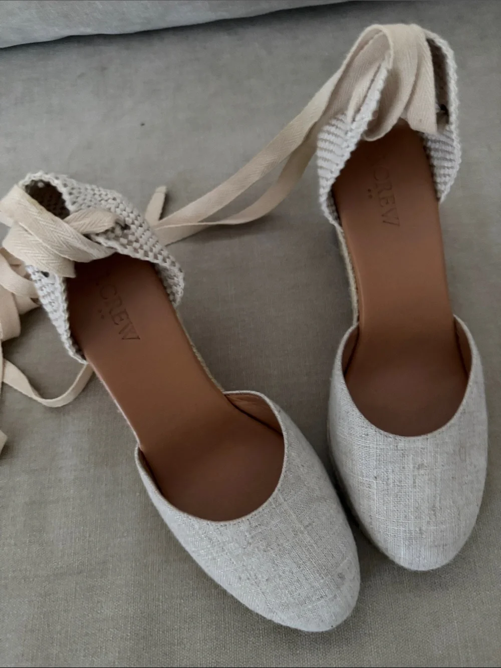 J. Crew Cream Canvas Espadrille Wedge Tie-Ankle Sandals